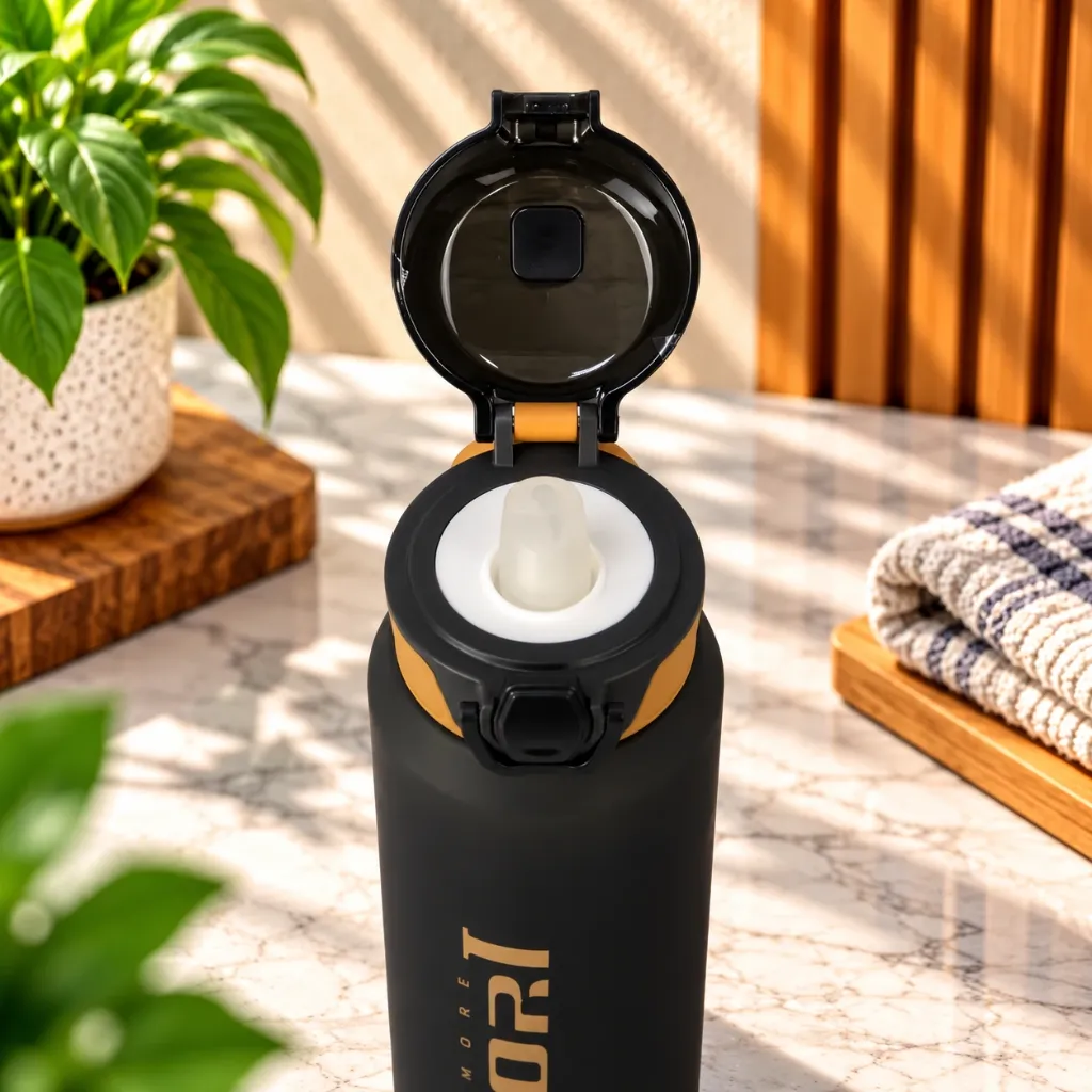 Open Black Sports Bottle in Sunlit Kitchen.webp