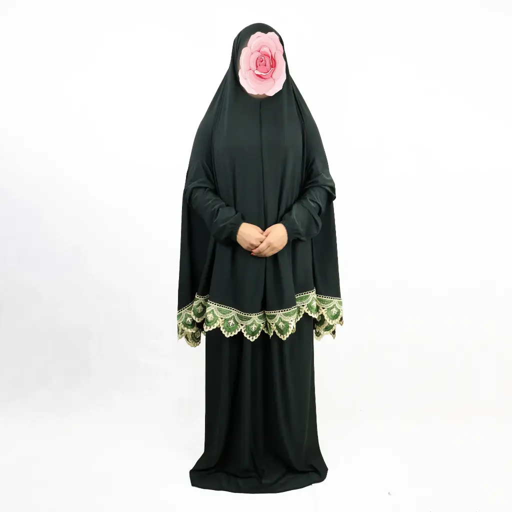 Embroidered Lace prayer set Dark Green