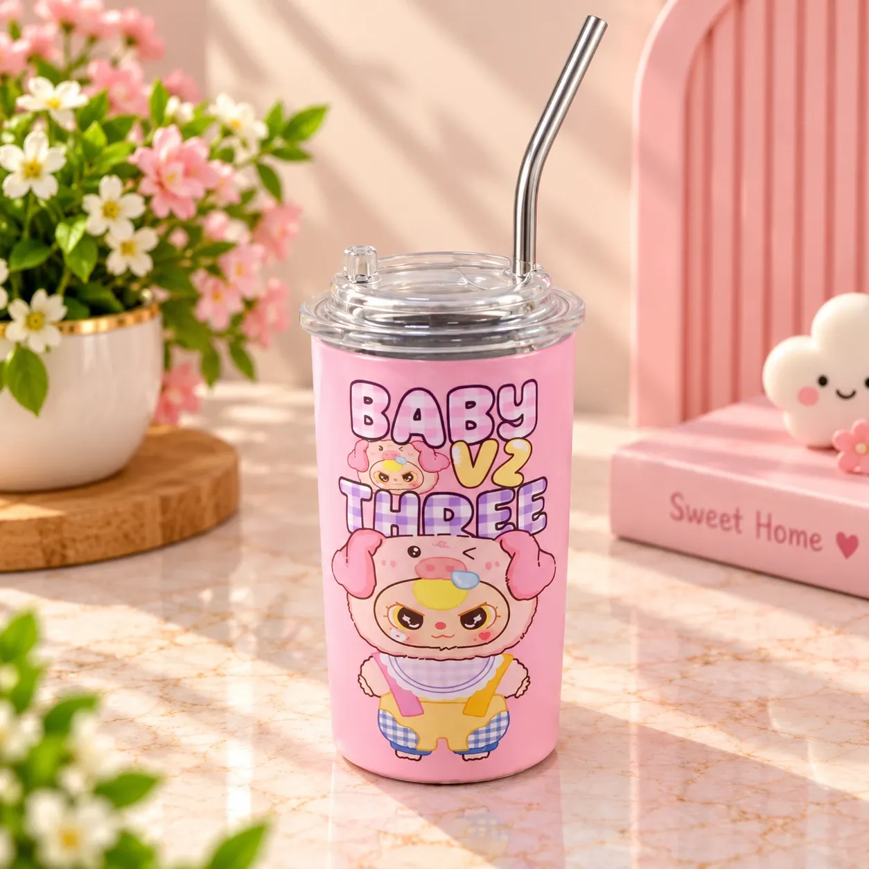 Baby Three Stainless Steel Cup with Steel Straw (Style 1)