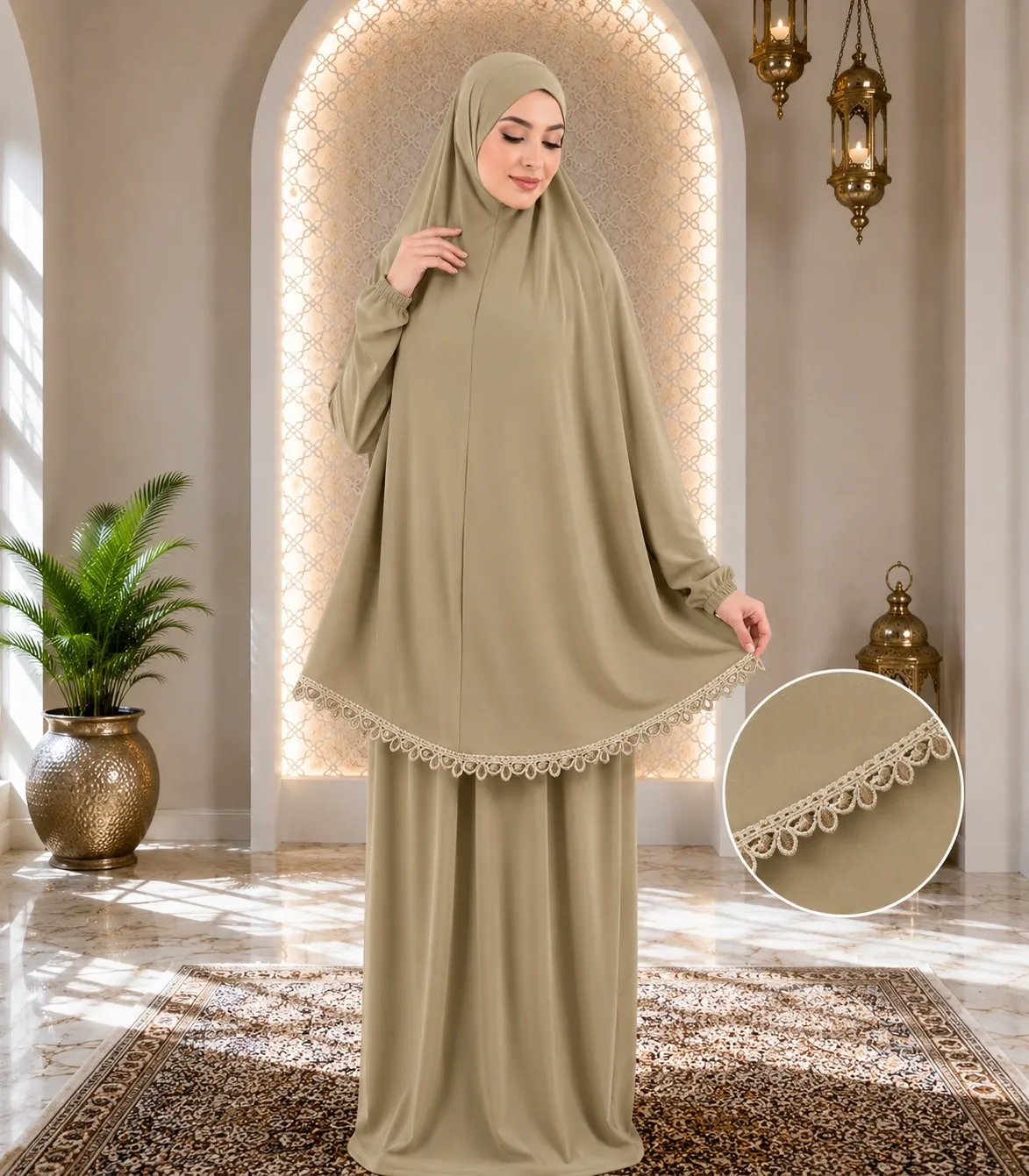 Embroidered Tail Prayer set Khaki