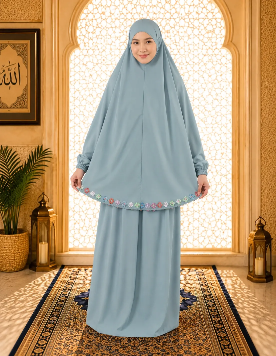 Flower Design Prayer Set with Sleeve Powder Blue 