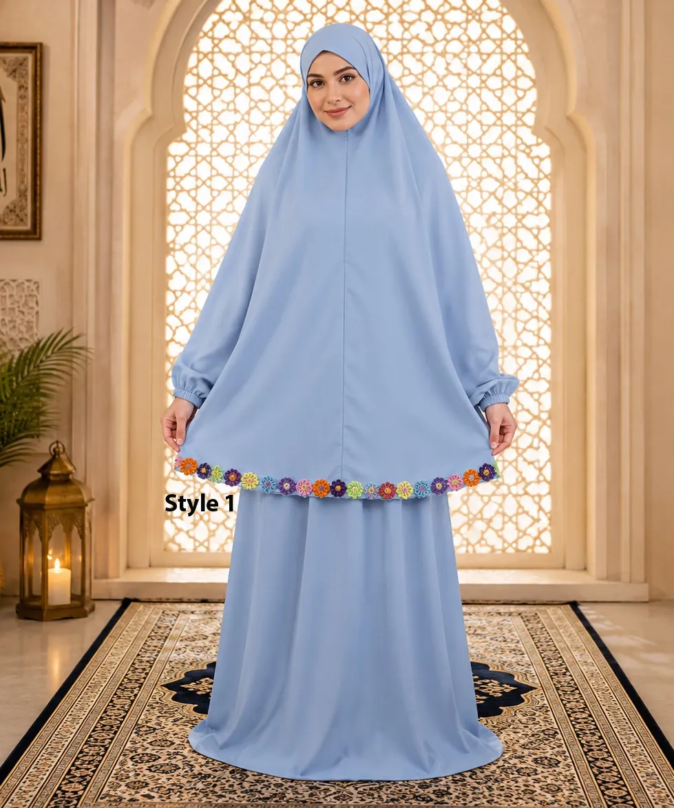  Flower Design Prayer Set with Sleeve Pastel Blue