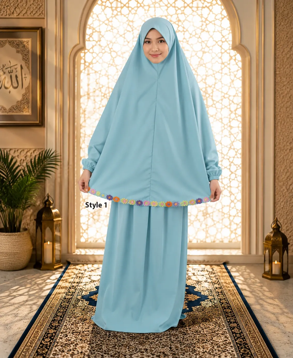 Flower Design Prayer Set with Sleeve Sky Blue (Style 1)