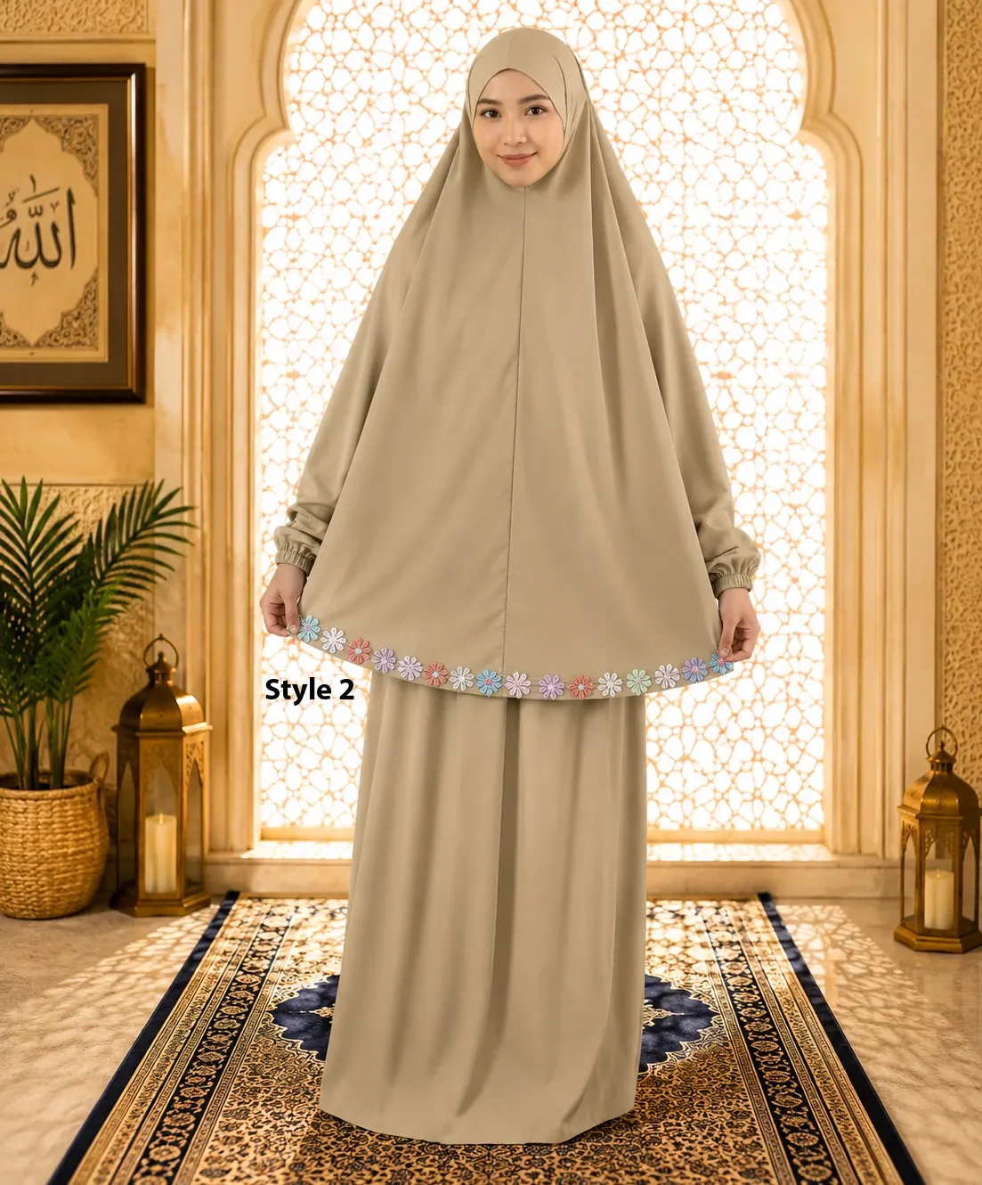 Flower Design Prayer Set with Sleeve Khaki