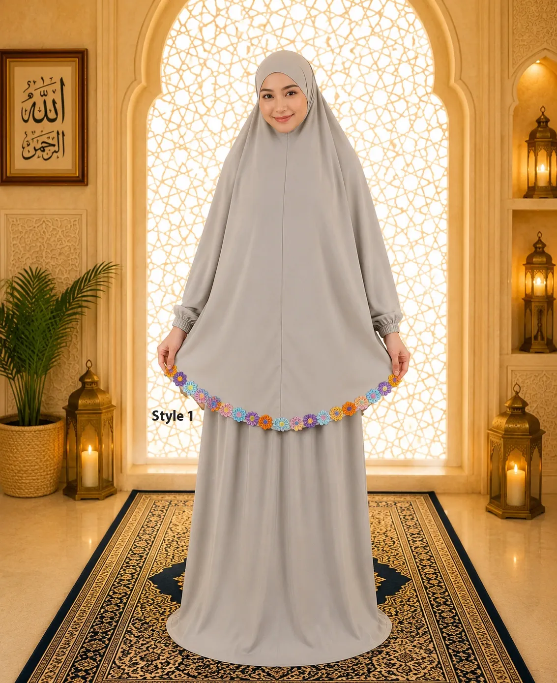 Flower Design Prayer Set with Sleeve Light Gray (Style 1)