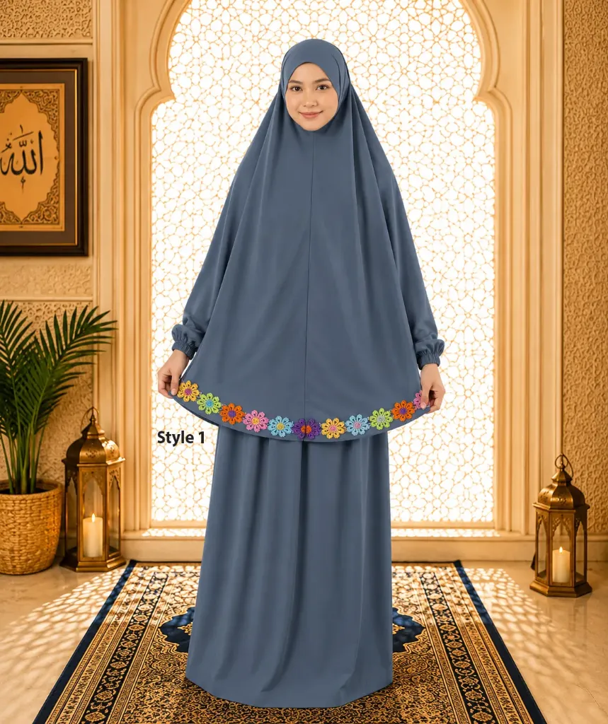 Flower Design Prayer Set with Sleeve petrol blue  (Style 1)