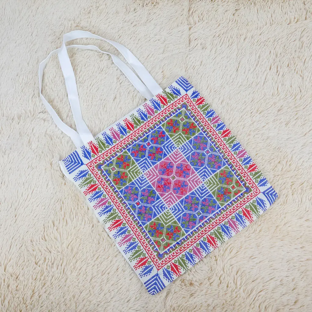 Leather embroidered tote bag with zipper