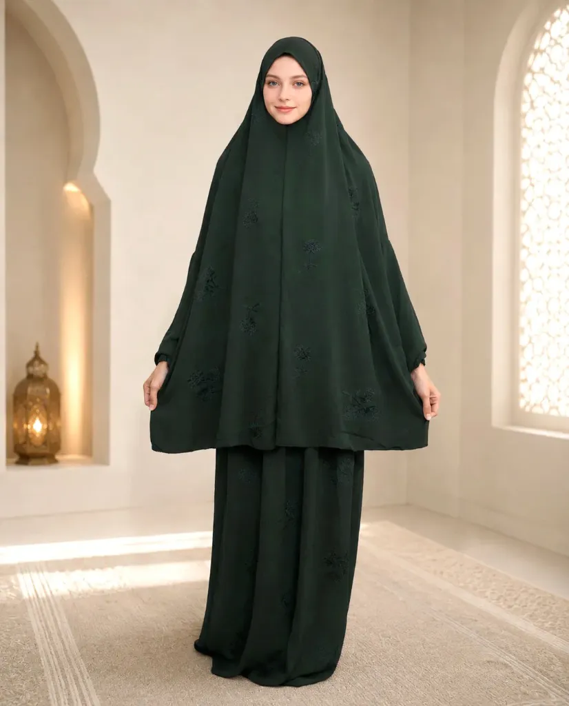 Tone-on-Tone Embroidered Prayer Set Dark Green 