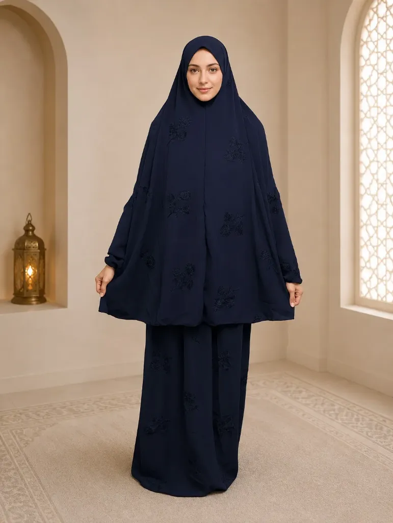 Tone-on-Tone Embroidered Prayer Set Navy Blue 