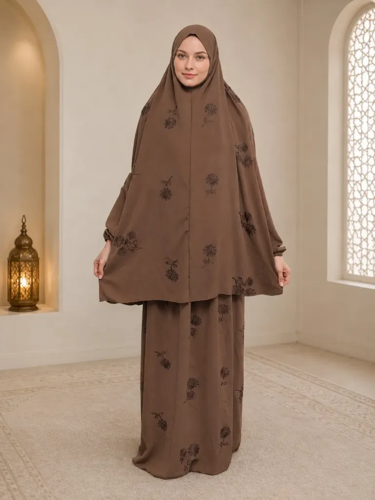 Tone-on-Tone Embroidered Prayer Set Brown