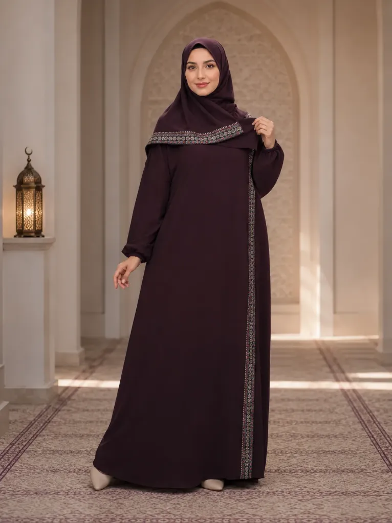 Embroidered One-Piece Prayer Dress Burgundy