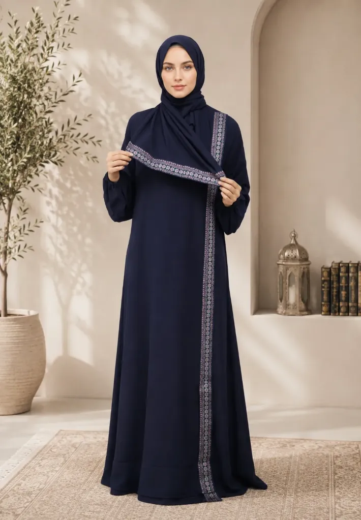 Embroidered One-Piece Prayer Dress Navy Blue
