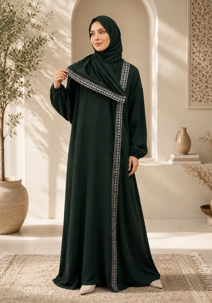 Embroidered One-Piece Prayer Dress Dark Green 