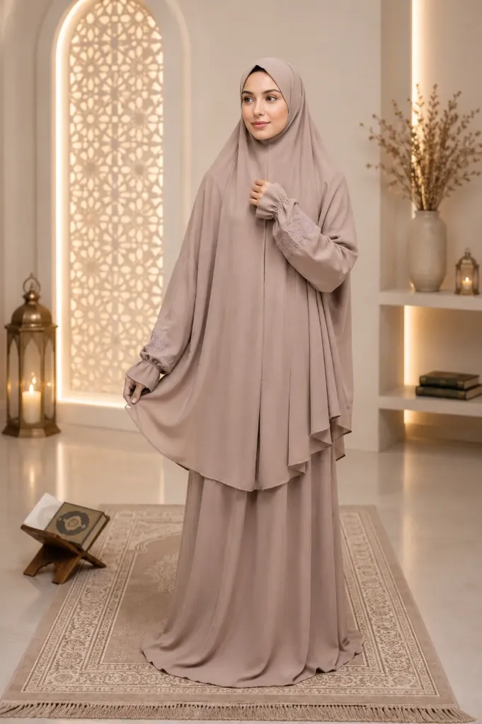 Embroidered Sleeve Prayer Set Khaki