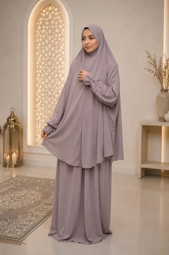 Embroidered Sleeve Prayer Set Khaki Light Purple 