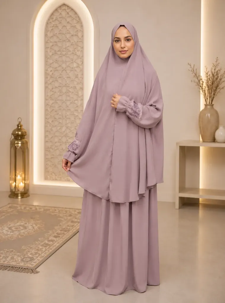 Embroidered Sleeve Prayer Set Khaki Pink 