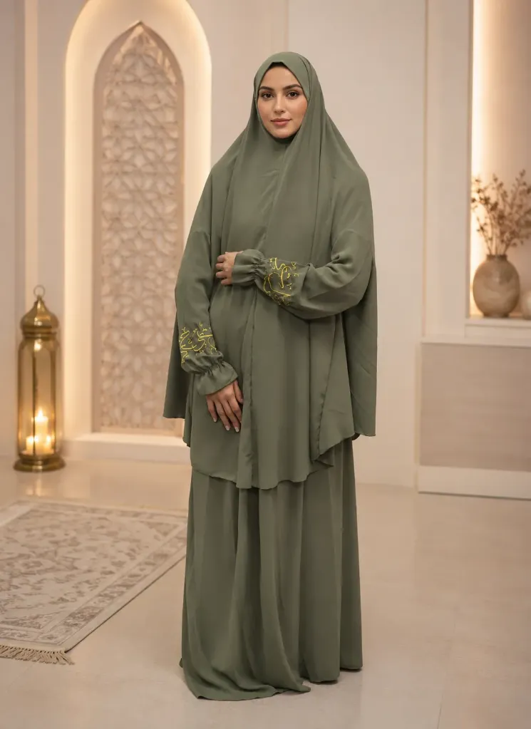 Embroidered Sleeve Prayer Set Olive