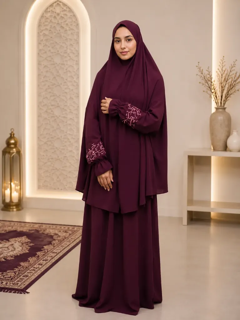 Embroidered Sleeve Prayer Set Burgundy
