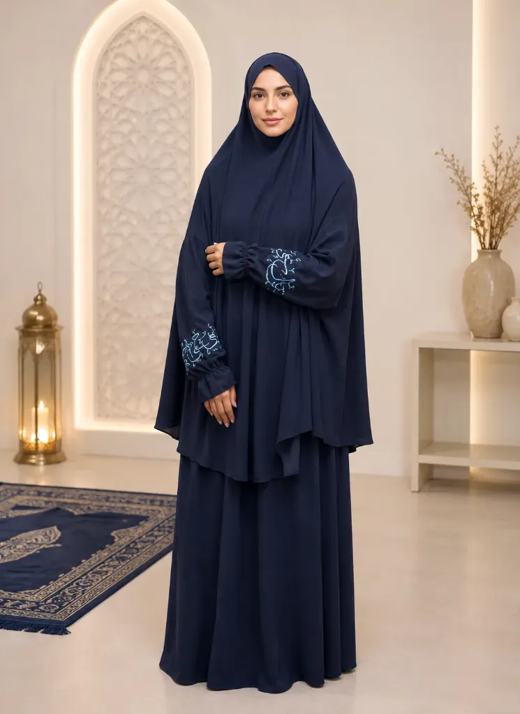 Embroidered Sleeve Prayer Set Navy Blue