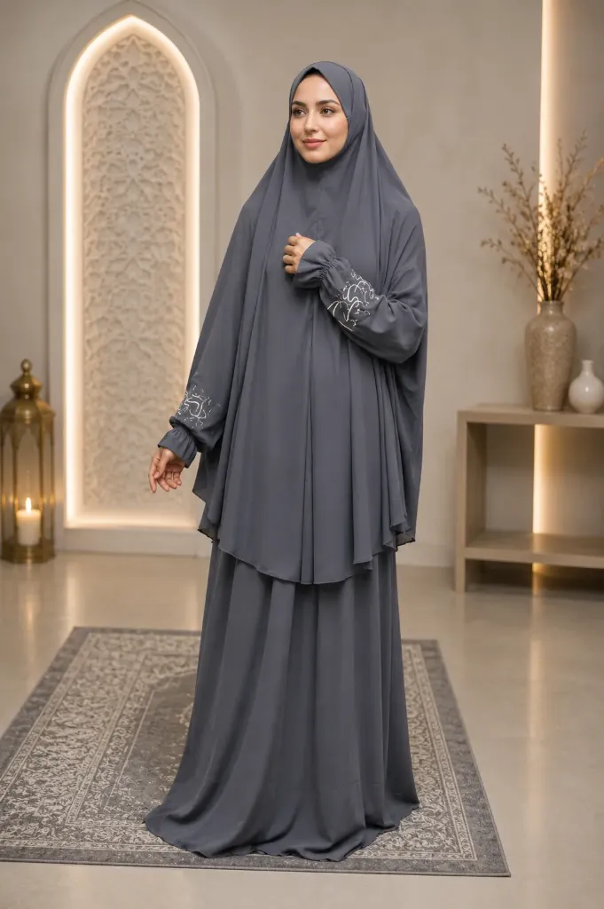 Embroidered Sleeve Prayer Set Gray
