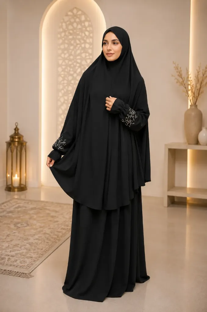Embroidered Sleeve Prayer Set Black 