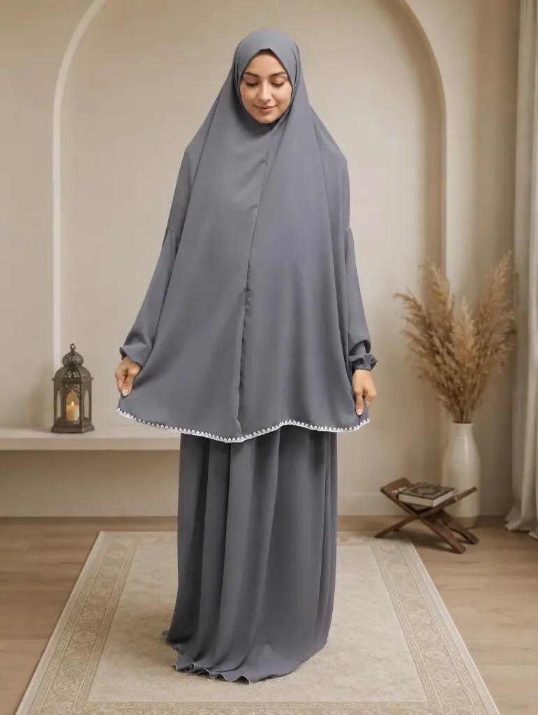 Prayer Set with White Crochet Trim Gray