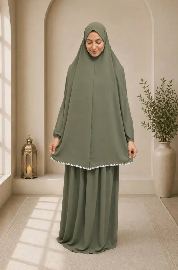 Prayer Set with White Crochet Trim Olive 