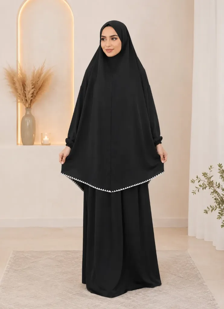 Prayer Set with White Crochet Trim light Black