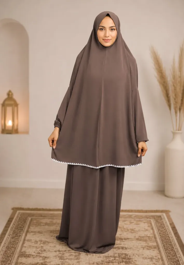 Prayer Set with White Crochet Trim Brown