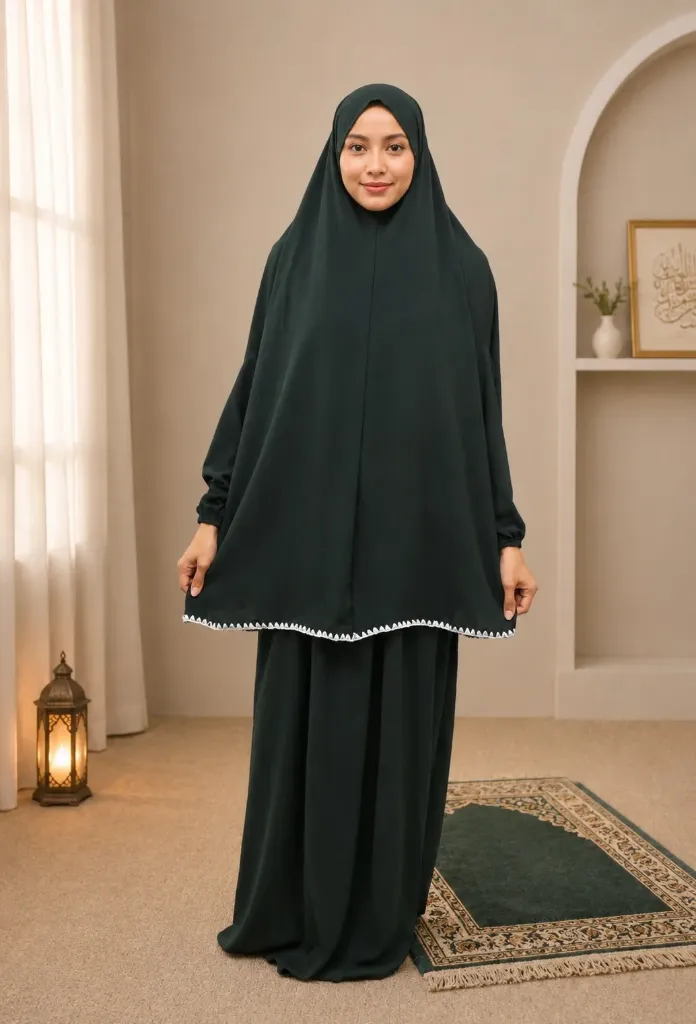 Prayer Set with White Crochet Dark Green 