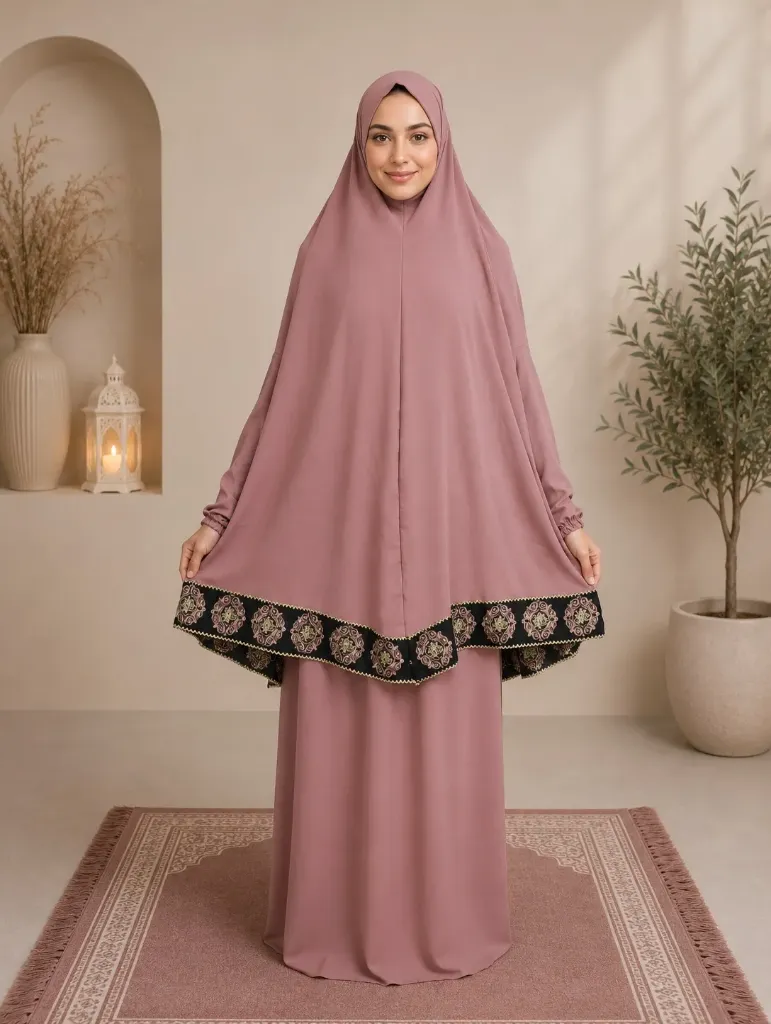 Crepe Prayer Set – “My Prayer, My Life” Embroidery Pink