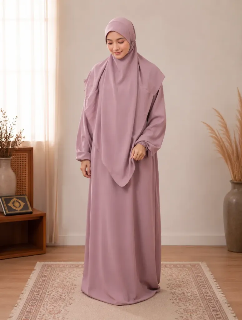 Separate Hijab One-Piece Prayer Dress Pink