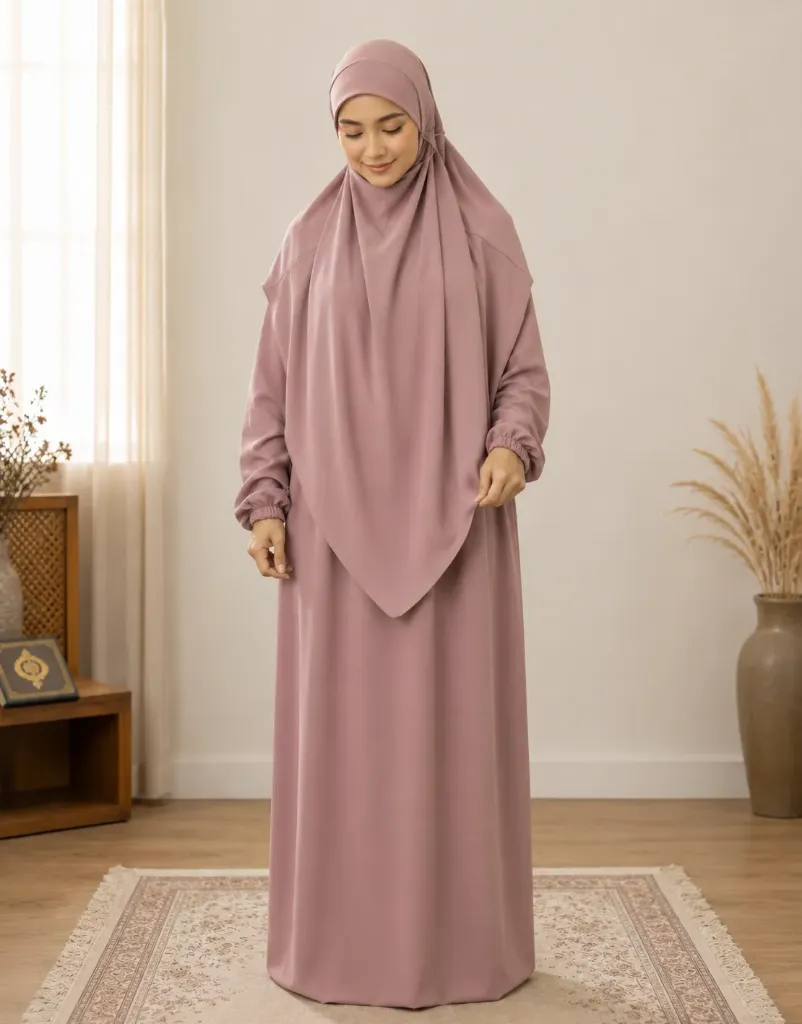 Separate Hijab One-Piece Prayer Dress Old Pink