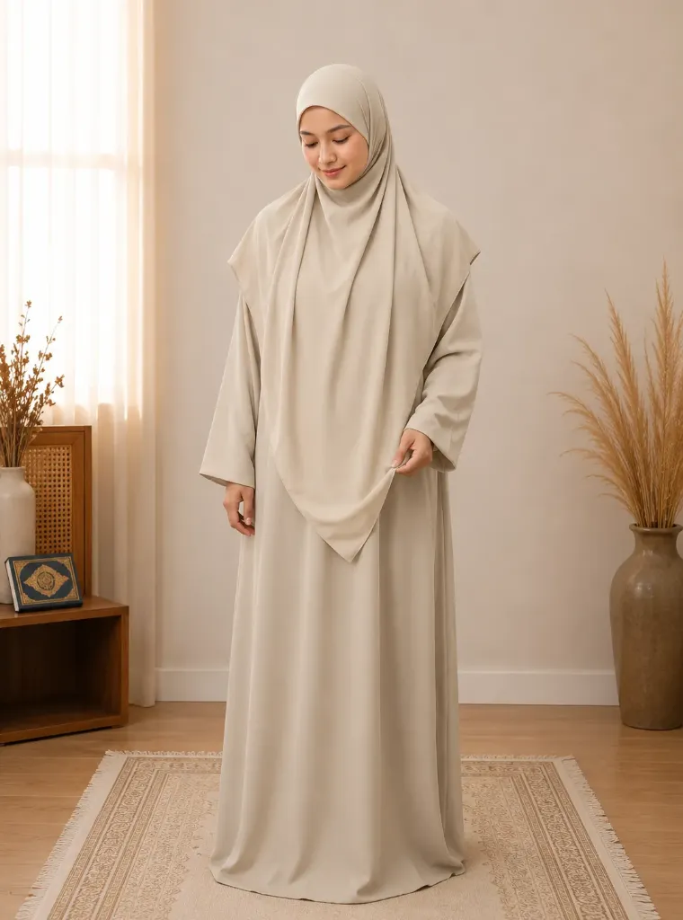 Separate Hijab One-Piece Prayer Dress Beige 