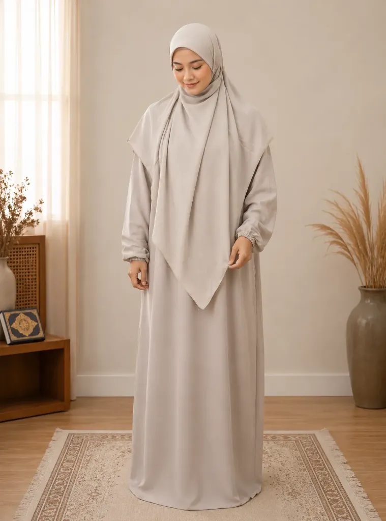 Separate Hijab One-Piece Prayer Dress Soft Beige