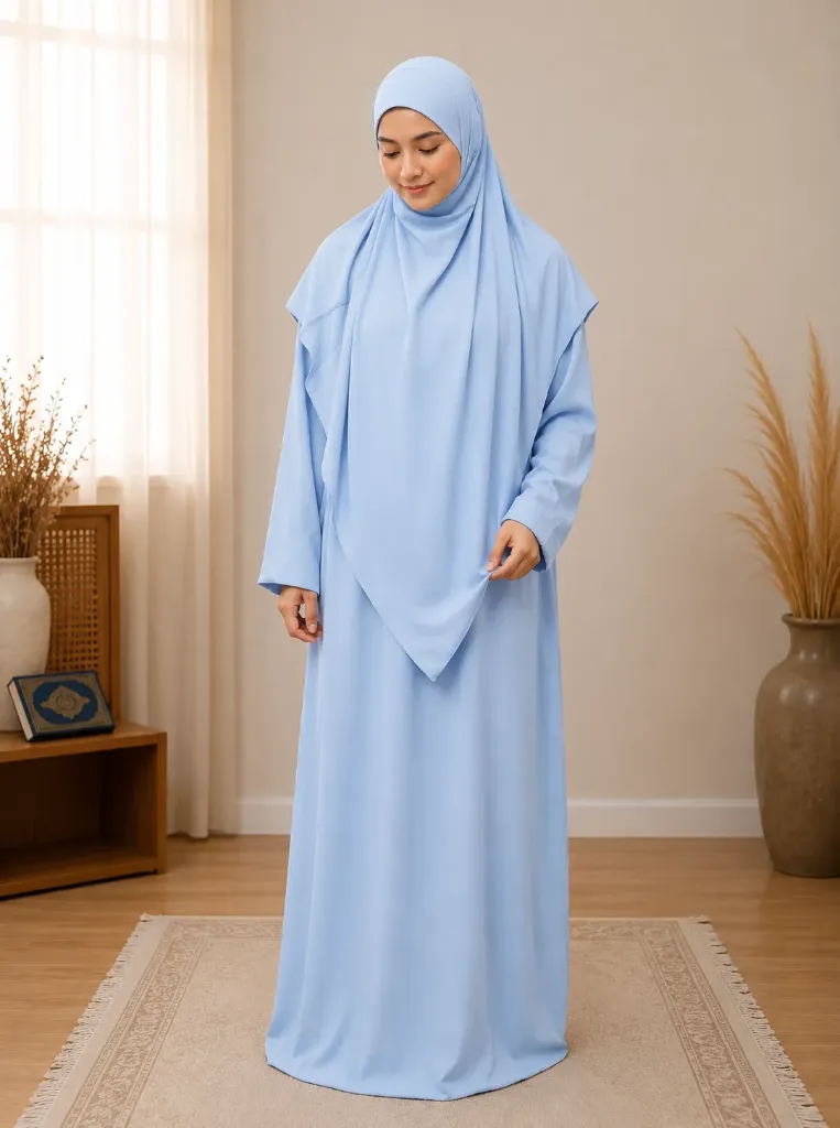 Separate Hijab One-Piece Prayer Dress Light Blue
