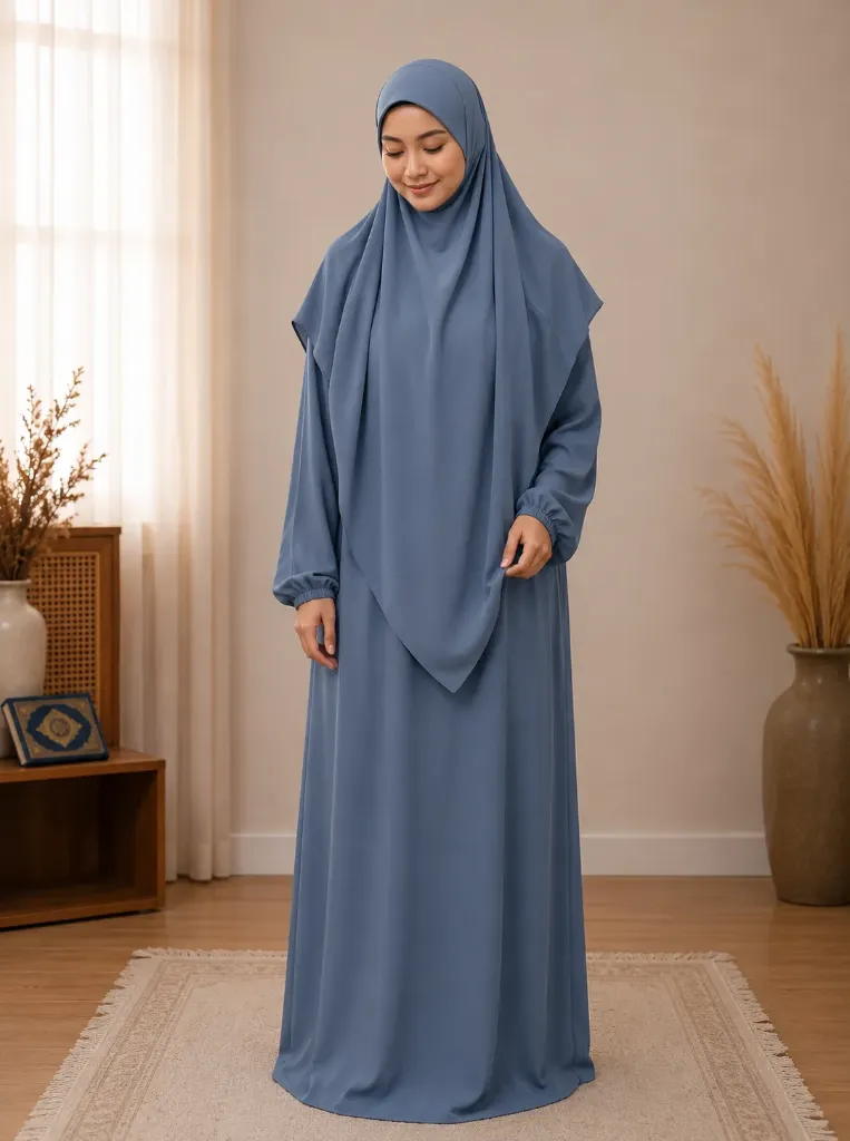 Separate Hijab One-Piece Prayer Dress Petrol Blue 