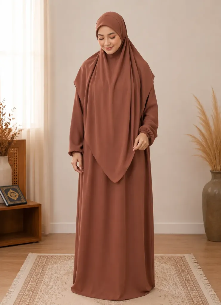 Separate Hijab One-Piece Prayer Dress Brown 