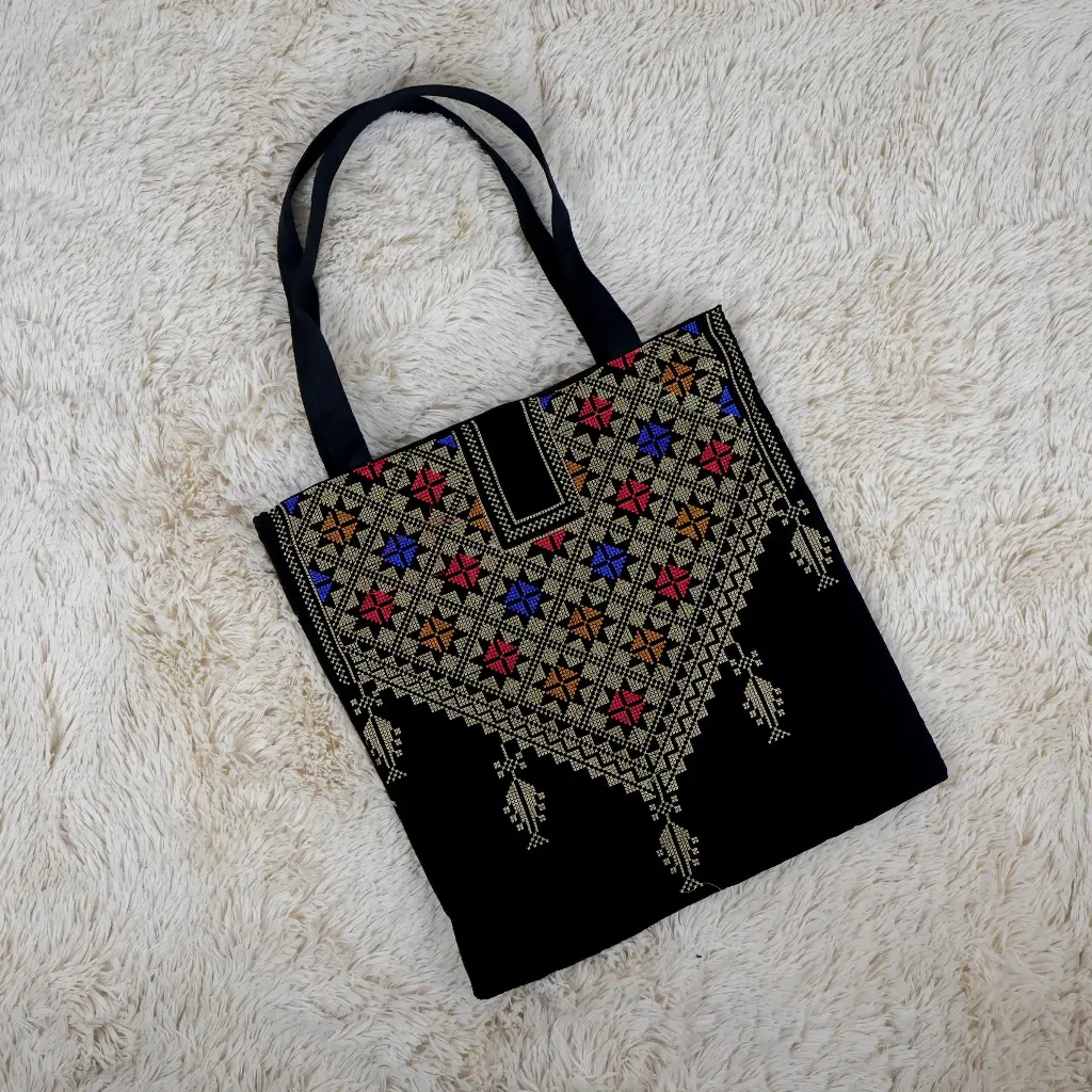 Embroidered canvas tote bag with zipper