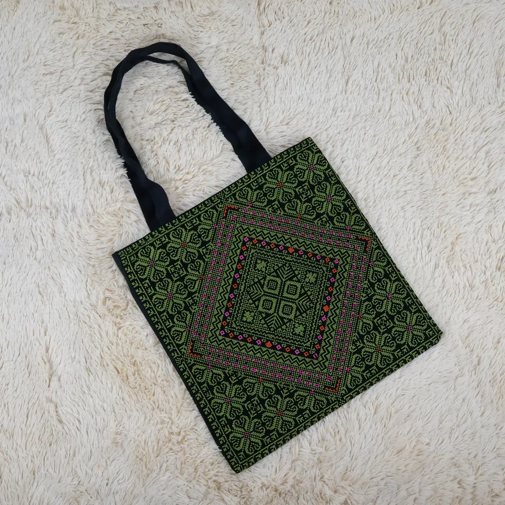 Embroidered canvas tote bag with zipper