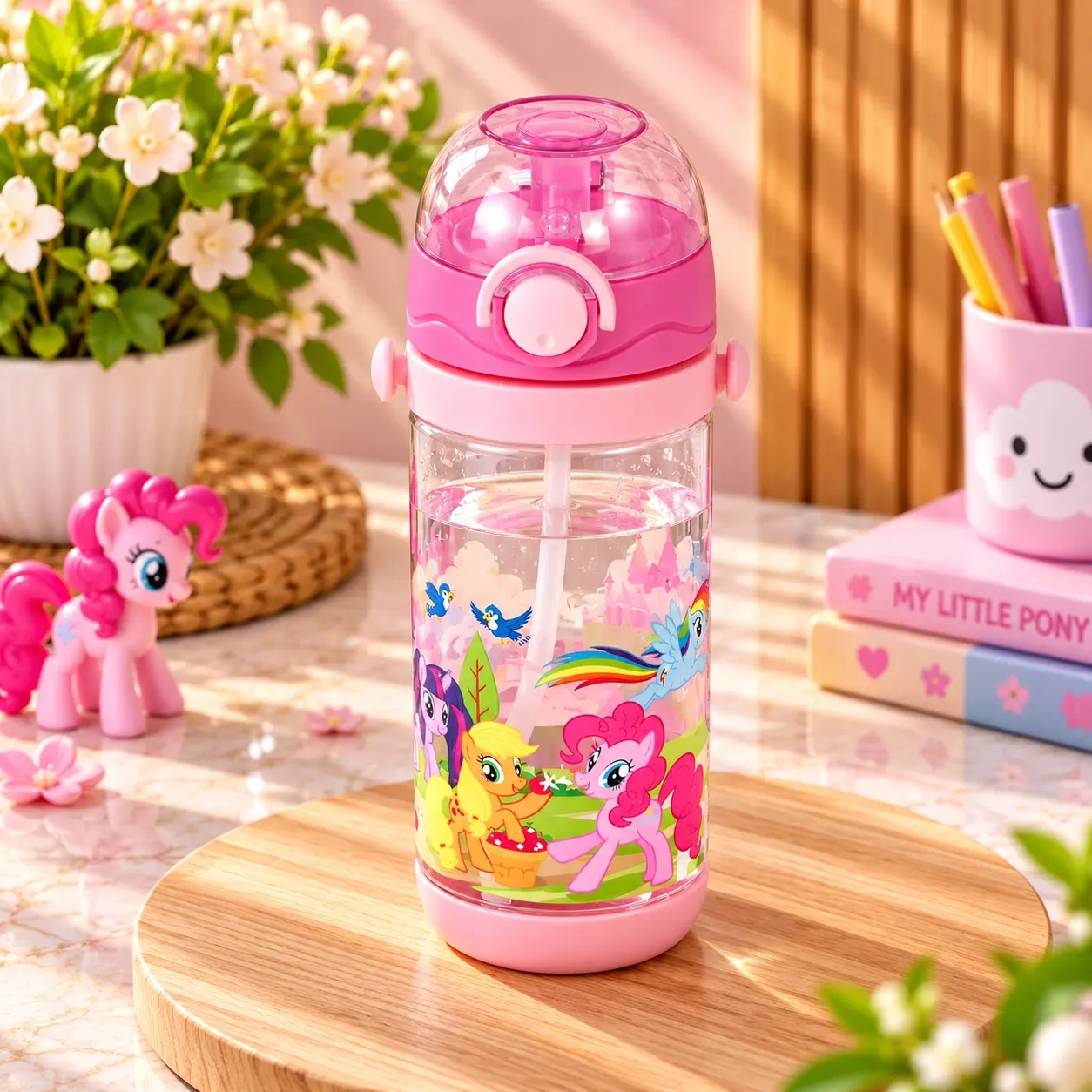 Pink Kids Water Bottle with Straw & Carry Strap