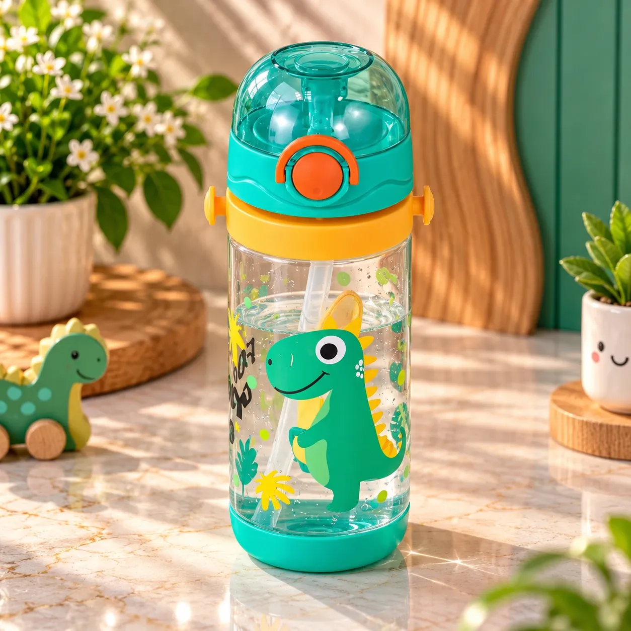 Green Kids Water Bottle with Straw & Carry Strap