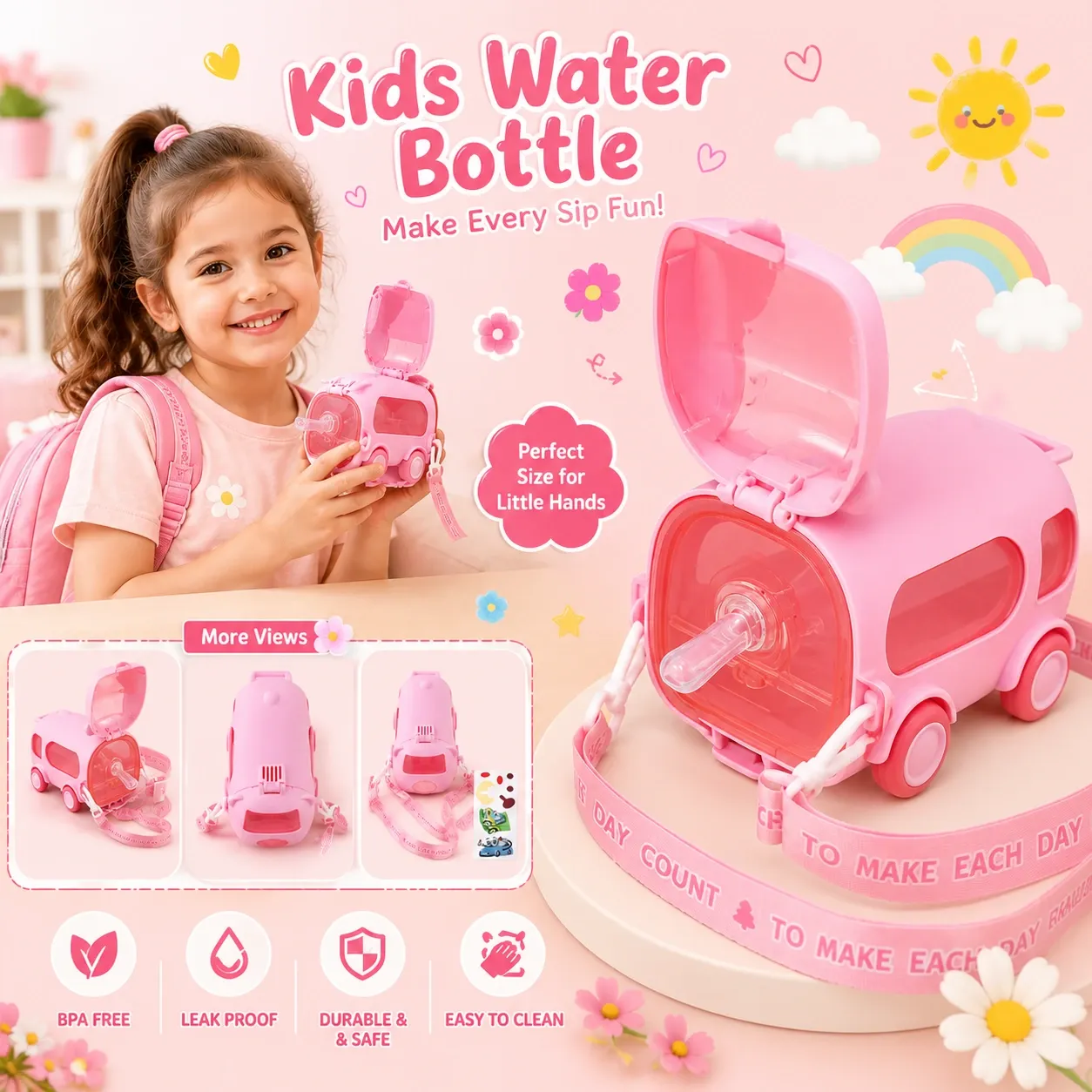 Kids Water Bottle with Straw & Carry Strap