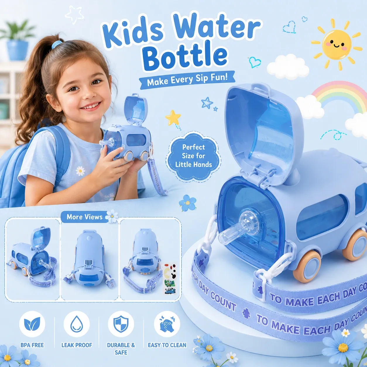 Kids Water Bottle with Straw & Carry Strap
