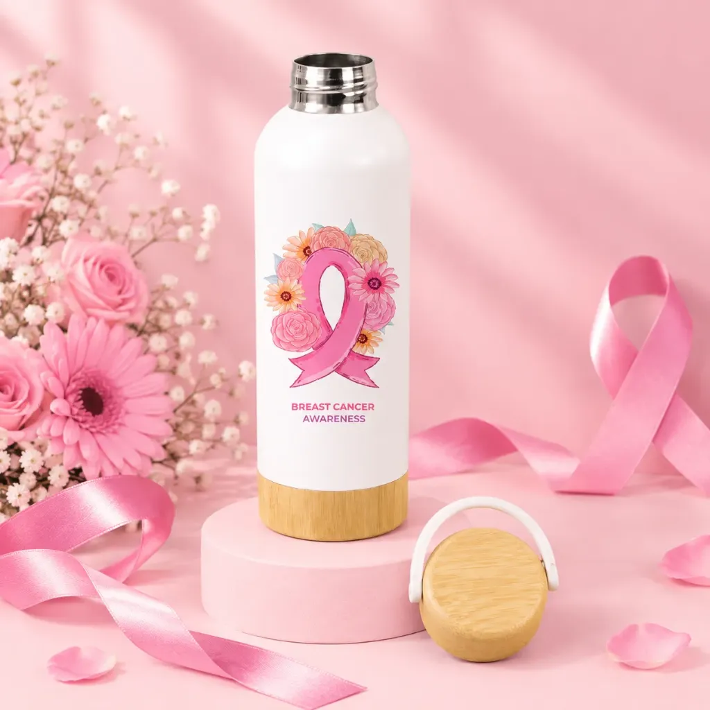 Breast Cancer Awareness Stainless Steel Bottle with Bamboo Base