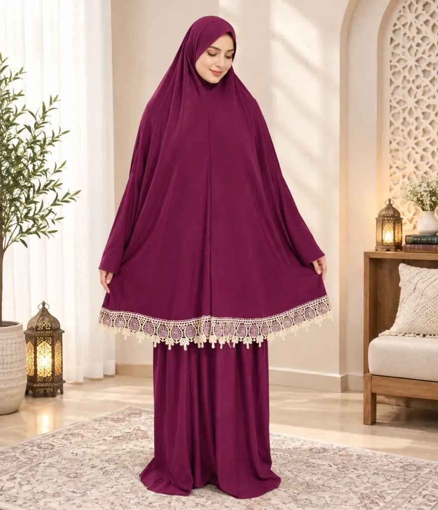 Lycra Prayer Set Lace Plum -  Normal Size
