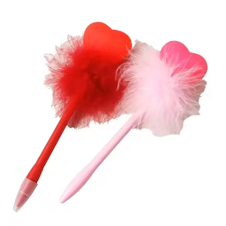 Cute Heart Shape Fluffy Feather Fancy Gel Pen 0.7mm With Flashlight Decoration Flash Ball Pen (set 2 pce red and pink)