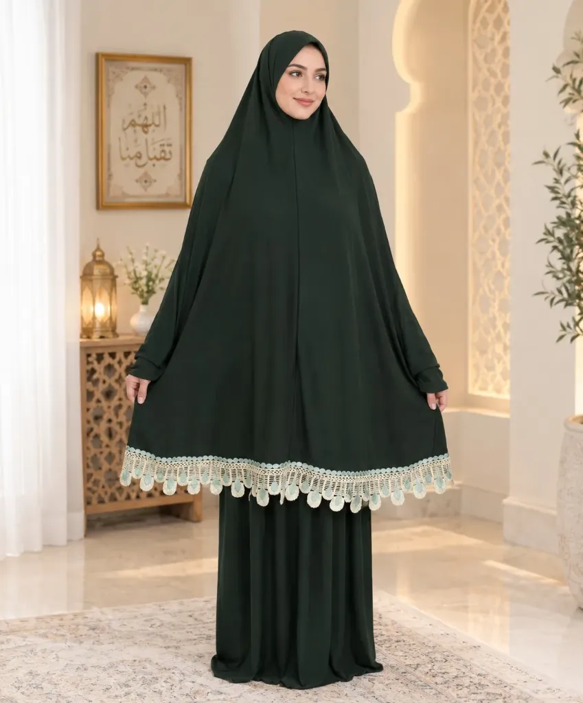 Lycra Prayer Set Lace Dark Green - Normal Size 