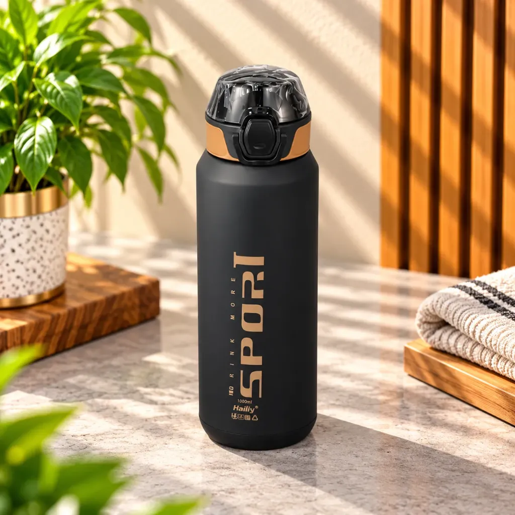  Sport Water Bottle 1000ml – Black & Gold