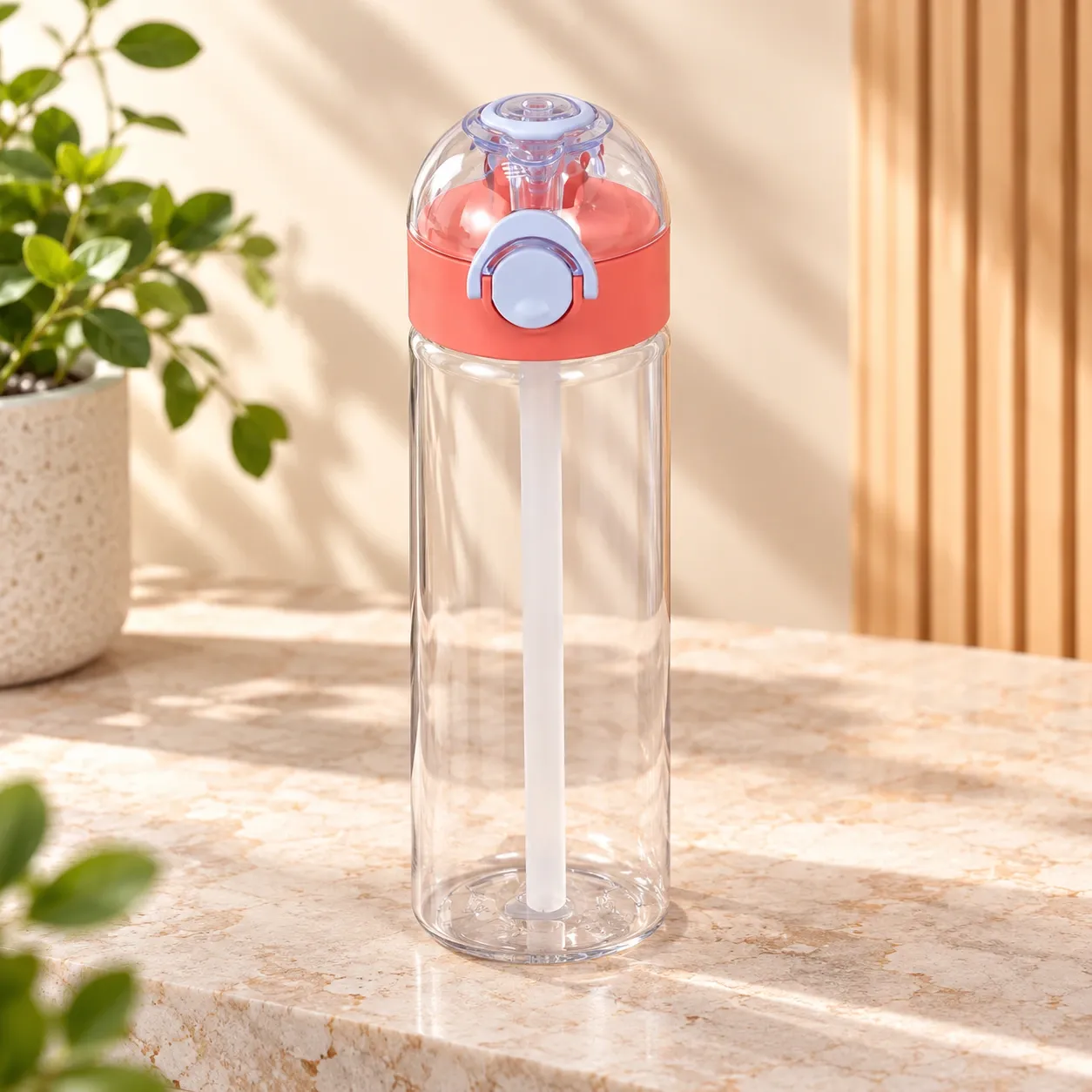 Transparent Water Bottle with Straw & Flip-Top Lid